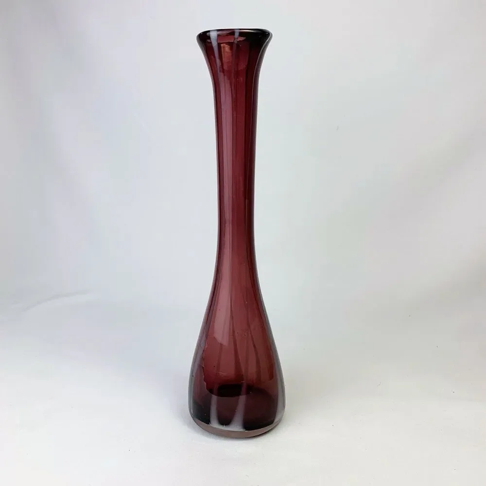 Purple Hand blown glass vase with white‎ stripes